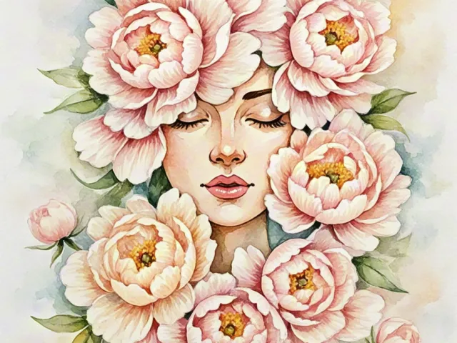 Artistic watercolor portrait of a woman’s face surrounded by pink roses