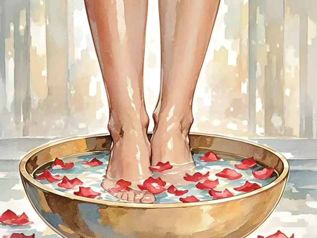 Woman’s feet soaking in a bowl with rose petals illustrated in watercolor
