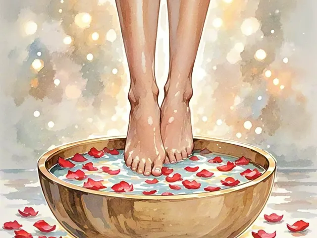 Woman’s feet soaking in a bowl with rose petals illustrated in soft watercolor tones