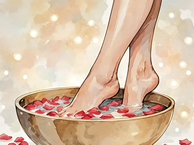 Woman’s feet soaking in a bowl with rose petals illustrated in watercolor