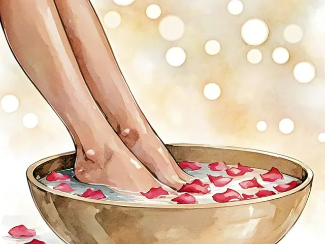 Woman’s feet soaking in a golden bowl filled with rose petals