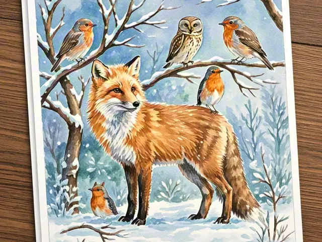 fox standing beside branch with small winter birds in soft snowy scene