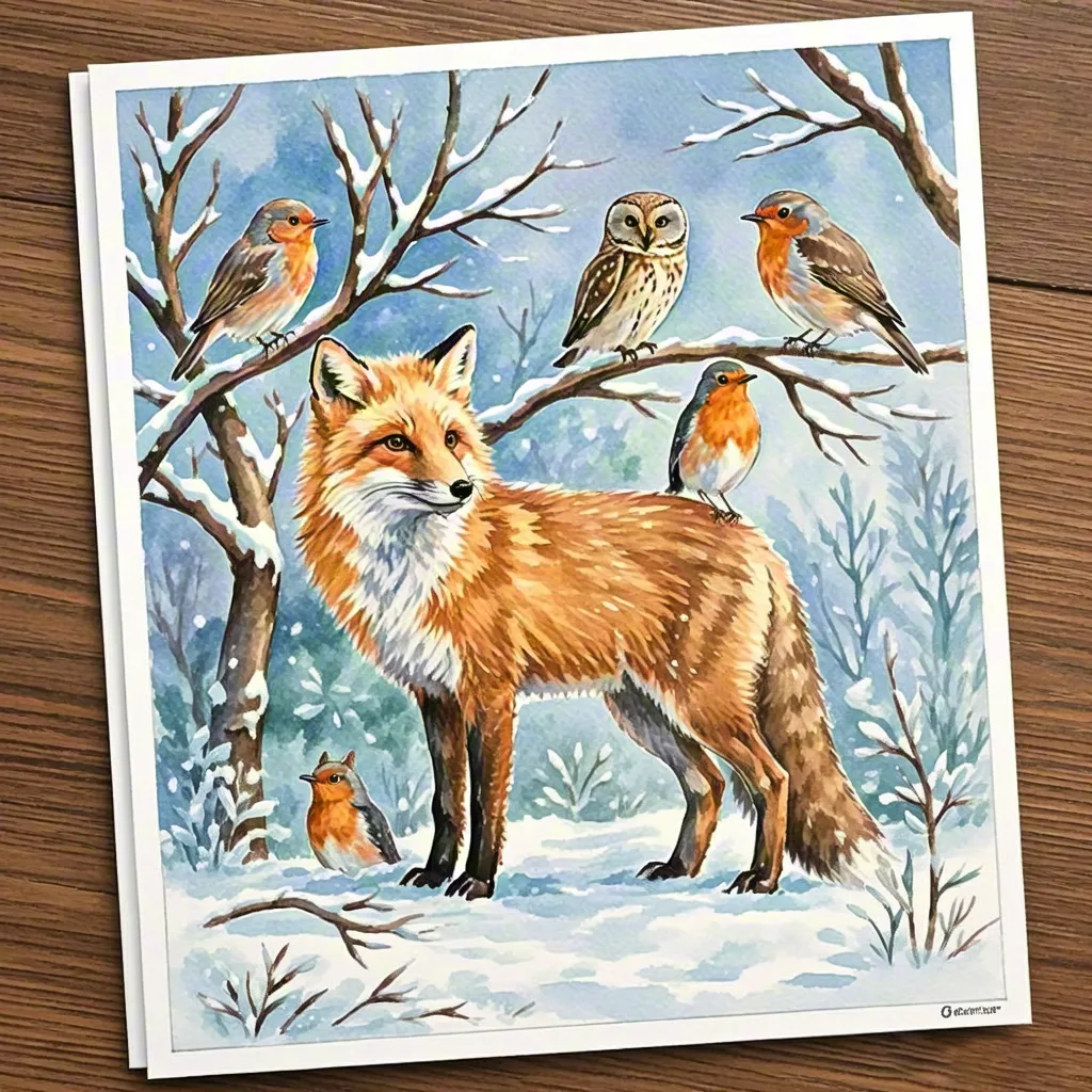 Watercolor Fox and Winter Birds Illustration