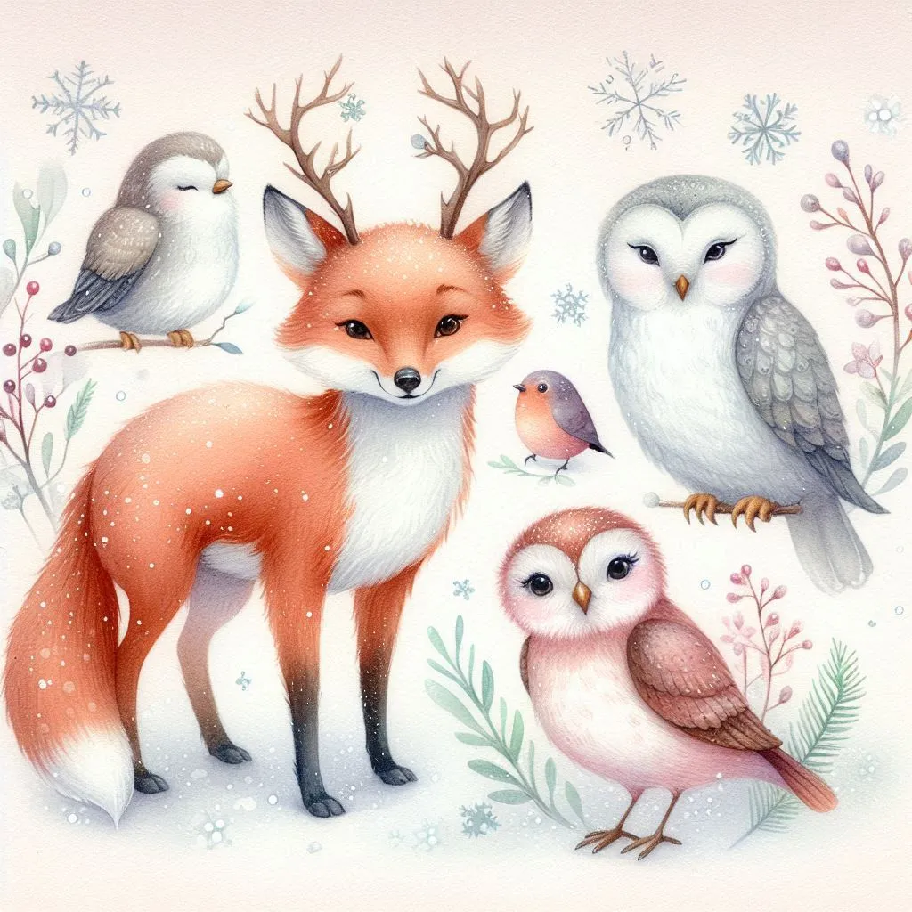 Watercolor fox and winter birds illustration