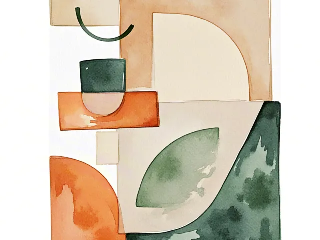Modern geometric watercolor elements in orange and green tones