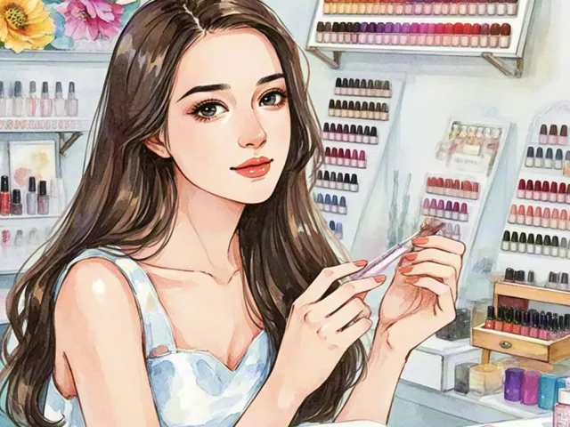 Girl selecting nail colors at a makeup and nail display in watercolor style