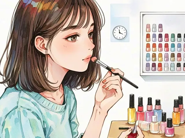 Art illustration of a girl applying makeup at a vanity table
