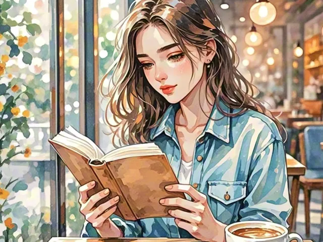 Cozy watercolor illustration of a girl reading a book in a café