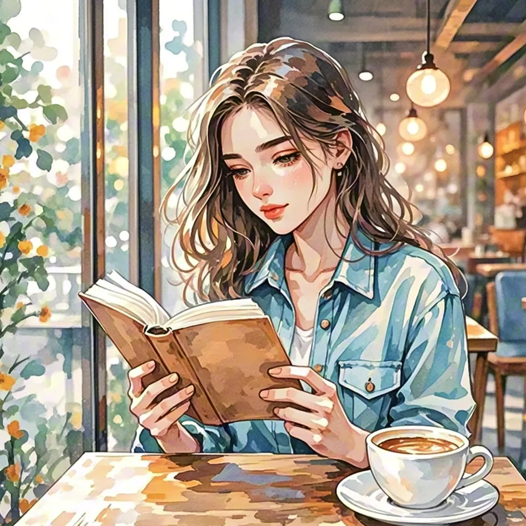 Watercolor girl reading with coffee