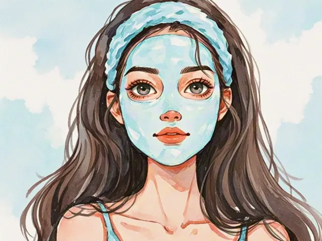 Young woman in watercolor style wearing a blue skincare mask