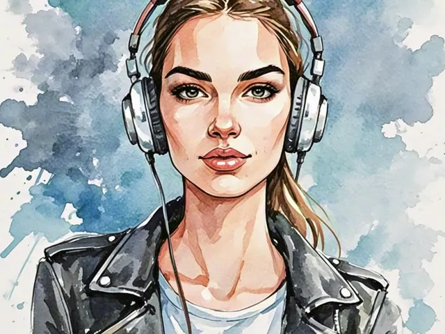 Watercolor portrait of a woman wearing headphones in cool blue tones