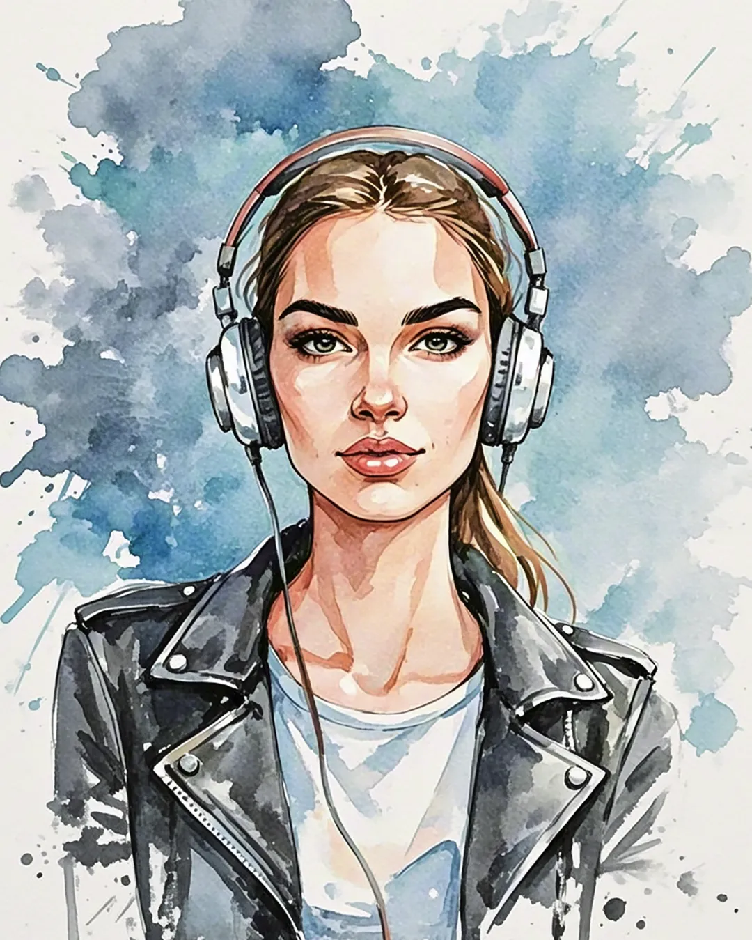 Watercolor portrait of a woman wearing headphones in cool blue tones