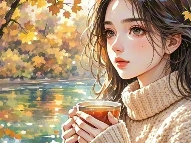 Cozy watercolor illustration of a girl holding a cup in a fall landscape