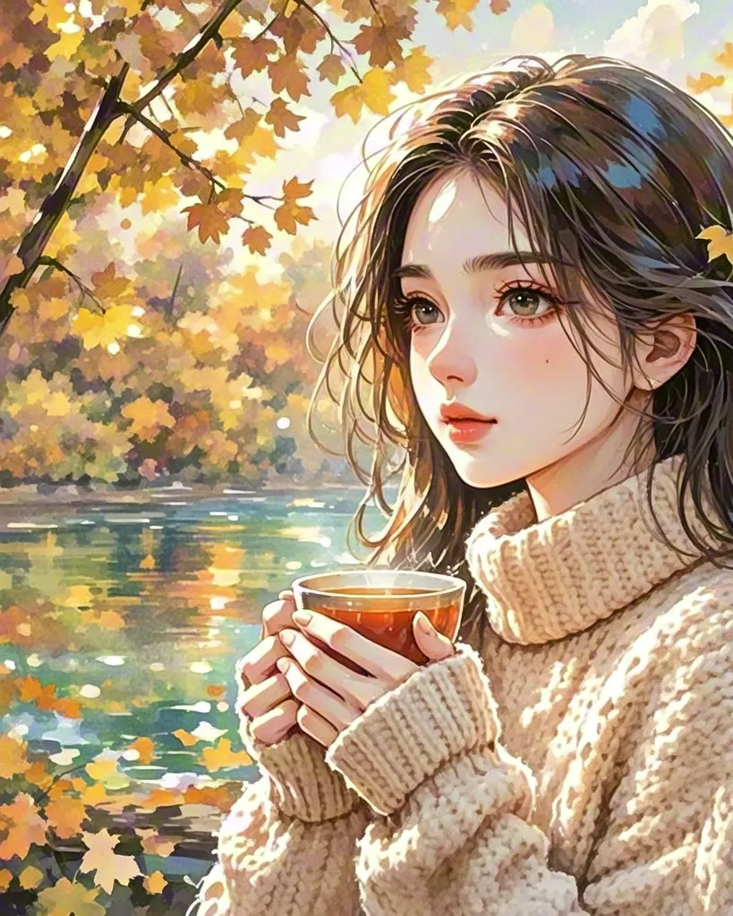 Watercolor girl with warm drink