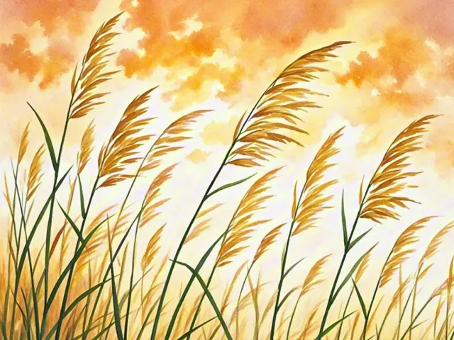 Soft watercolor painting of tall golden grass waving in the wind