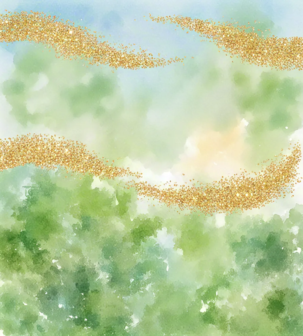 Green and gold watercolor abstract background with soft glitter texture