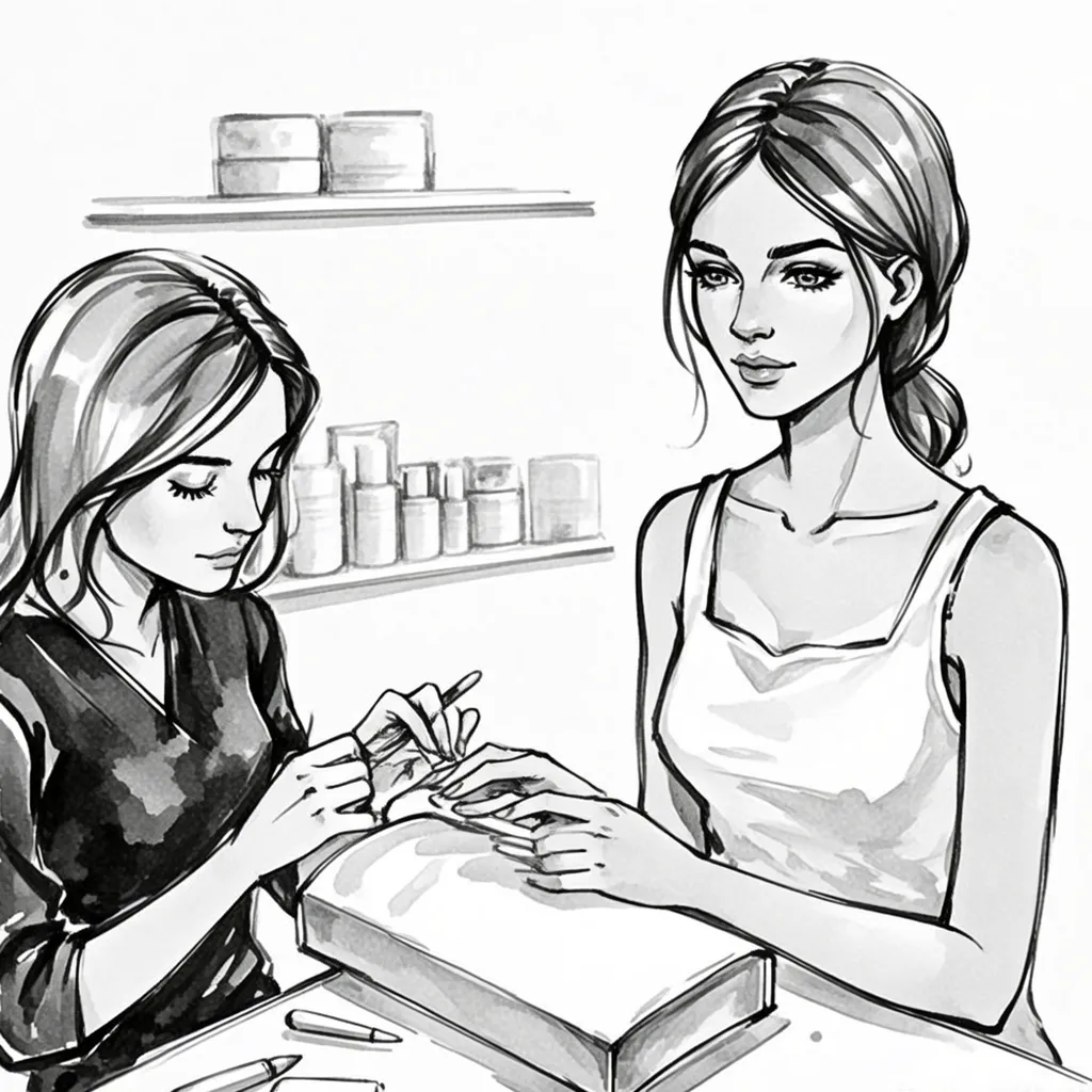 Watercolor line-art manicure illustration