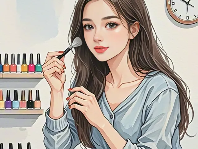 Watercolor illustration of a woman applying makeup in front of a vanity mirror