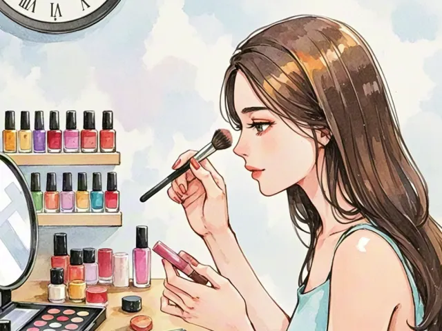 Girl applying makeup at a vanity with brushes and cosmetics in watercolor style