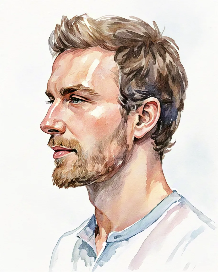 Soft watercolor portrait of a bearded man in profile view