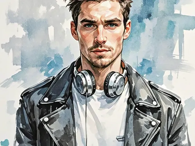 Stylish watercolor portrait of a man wearing a leather jacket in a modern look