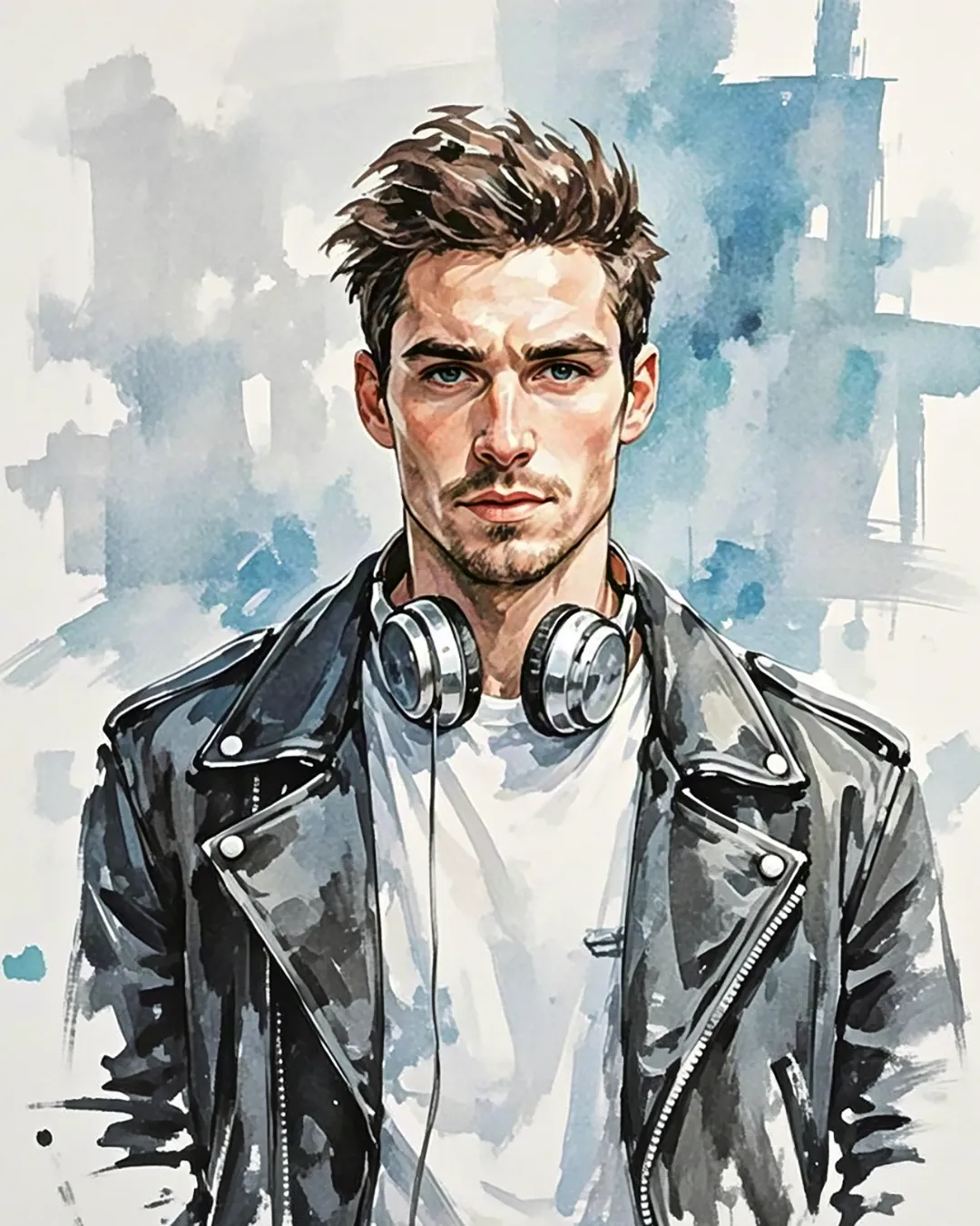Stylish watercolor portrait of a man wearing a leather jacket in a modern look