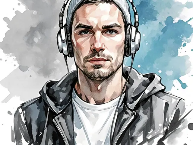 Urban watercolor portrait of a man in hoodie and headphones with blue-gray splashes