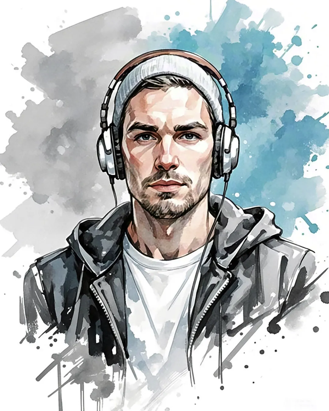 Urban watercolor portrait of a man in hoodie and headphones with blue-gray splashes