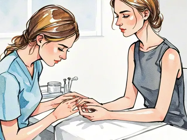 Beautician painting nails during a manicure in a soft watercolor style