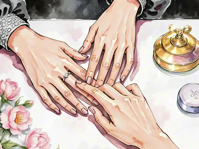Watercolor illustration of hands during a gentle manicure treatment
