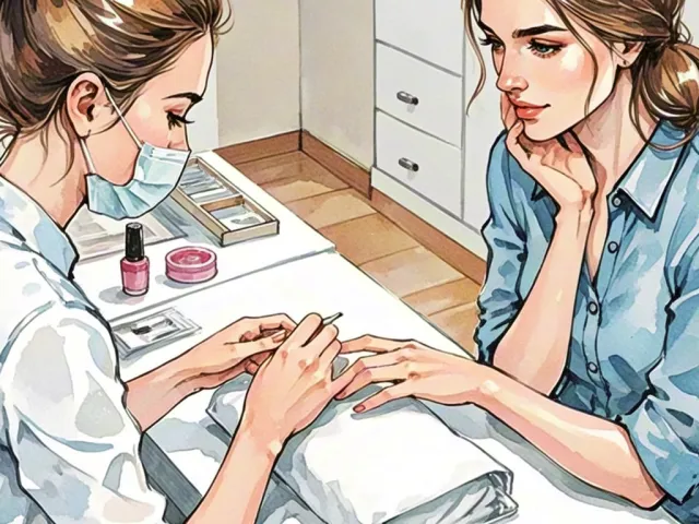 Watercolor illustration of a nail technician doing a manicure for a woman