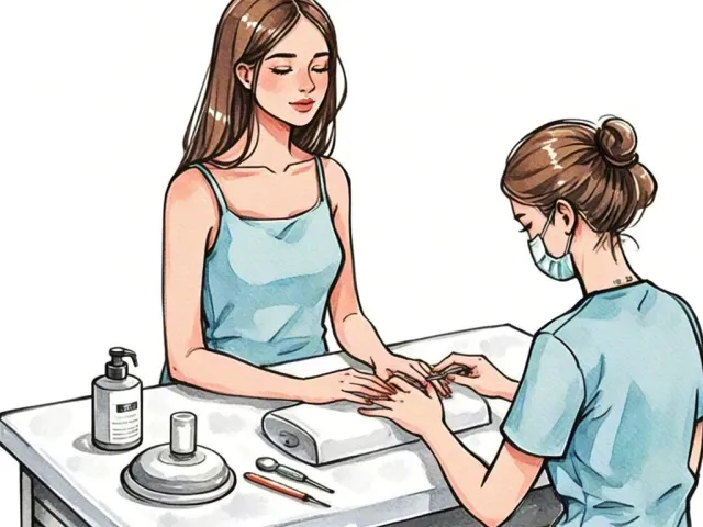 Watercolor illustration of a woman receiving a manicure in a salon
