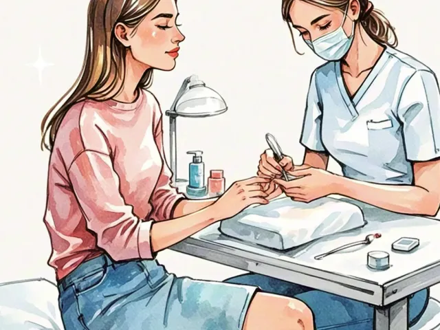 Professional nail polish application illustrated in watercolor