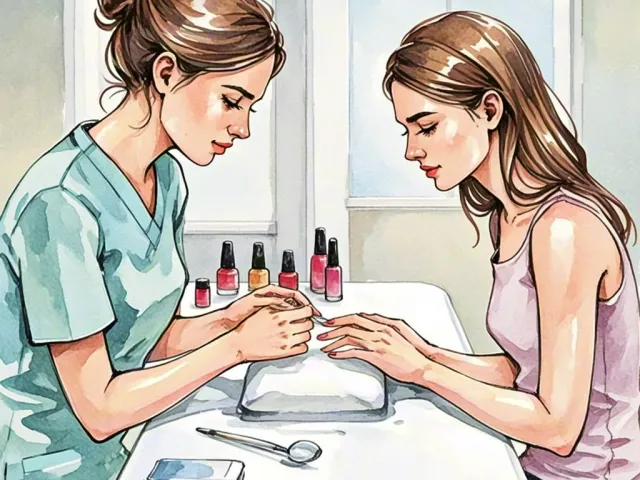 Watercolor illustration of a woman receiving a professional manicure