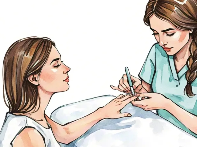 Watercolor illustration of a woman receiving professional nail care