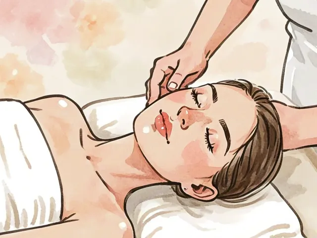 Watercolor illustration of a woman receiving a gentle neck massage