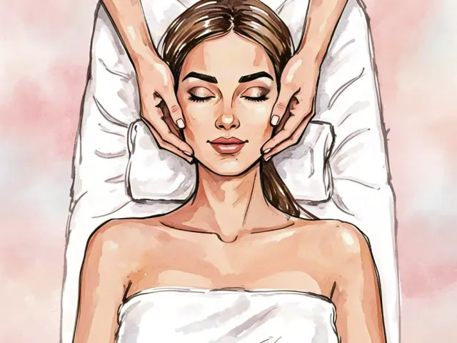 Relaxing massage illustration of a woman lying on a spa table in watercolor style