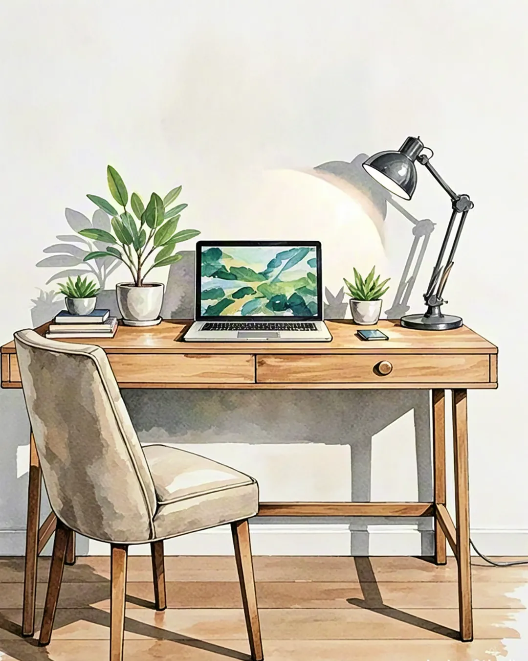 Calm watercolor illustration of a desk with laptop, plant and window light