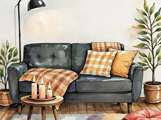 Watercolor interior with a gray sofa, pillows and indoor plants