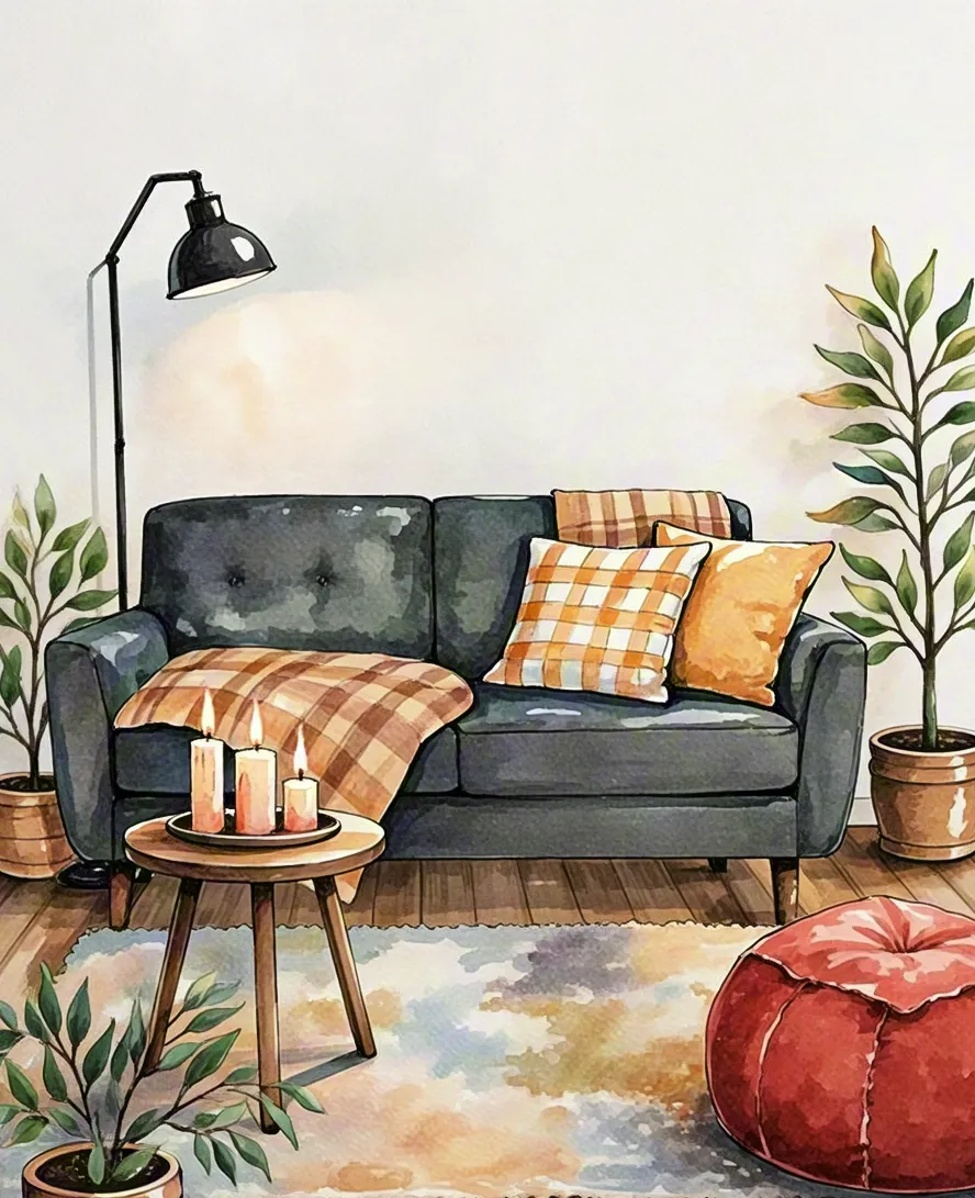 Watercolor interior with a gray sofa, pillows and indoor plants