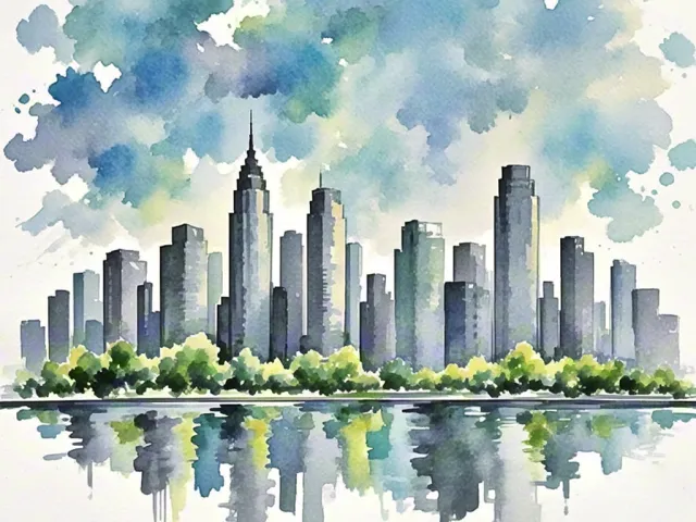 Abstract watercolor skyline with soft blue clouds and city silhouette
