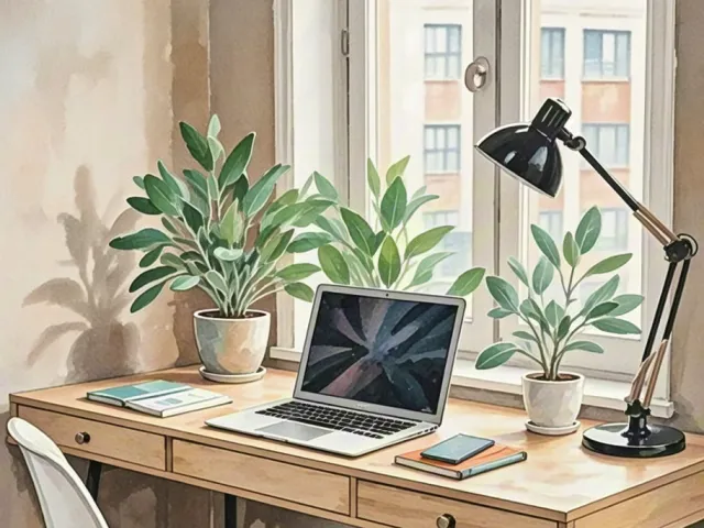 Cozy watercolor illustration of a desk with laptop, plant and window background