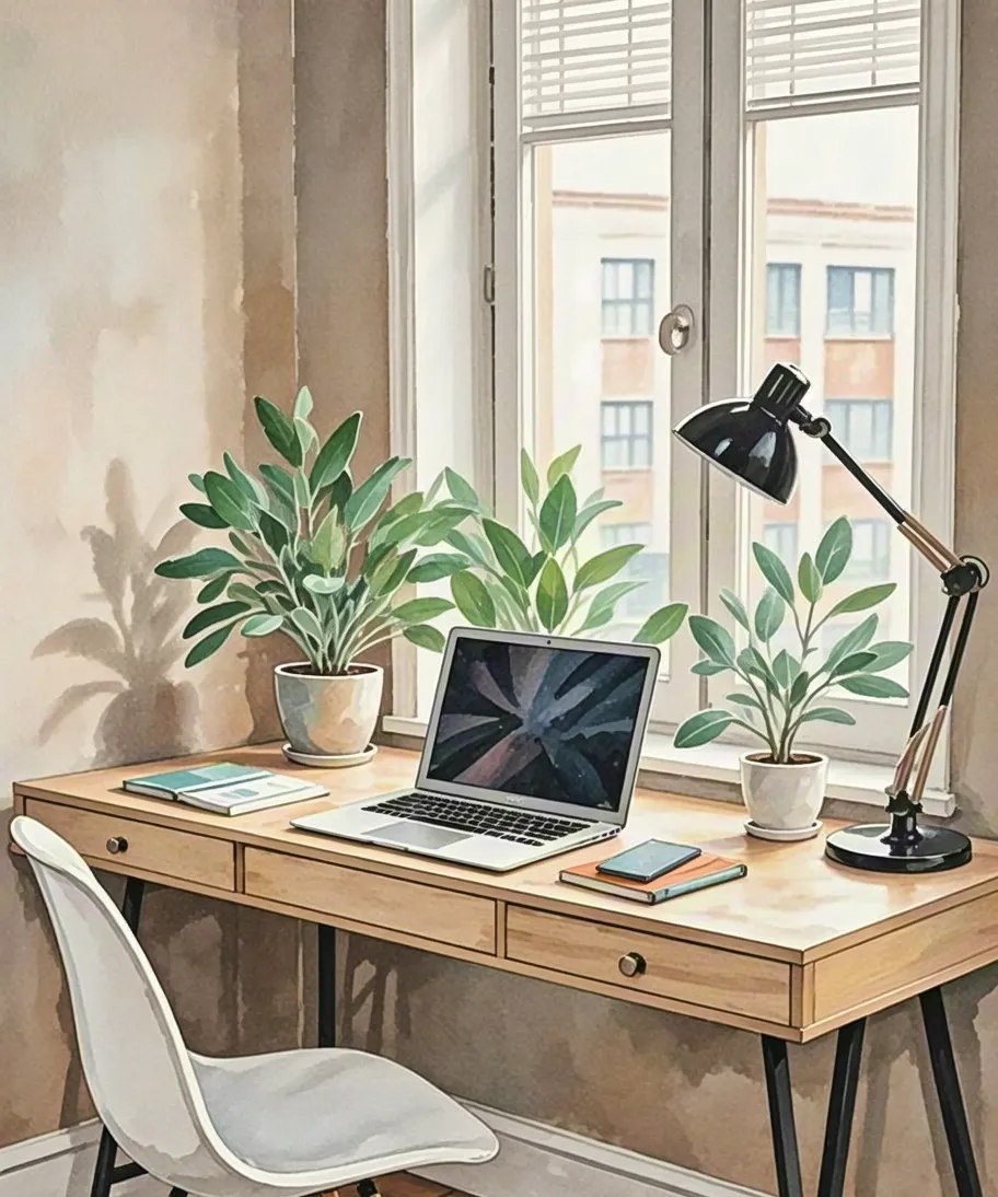 Cozy watercolor illustration of a desk with laptop, plant and window background
