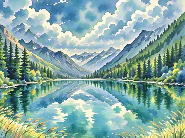 Blue-green watercolor landscape with mountains and reflective lake