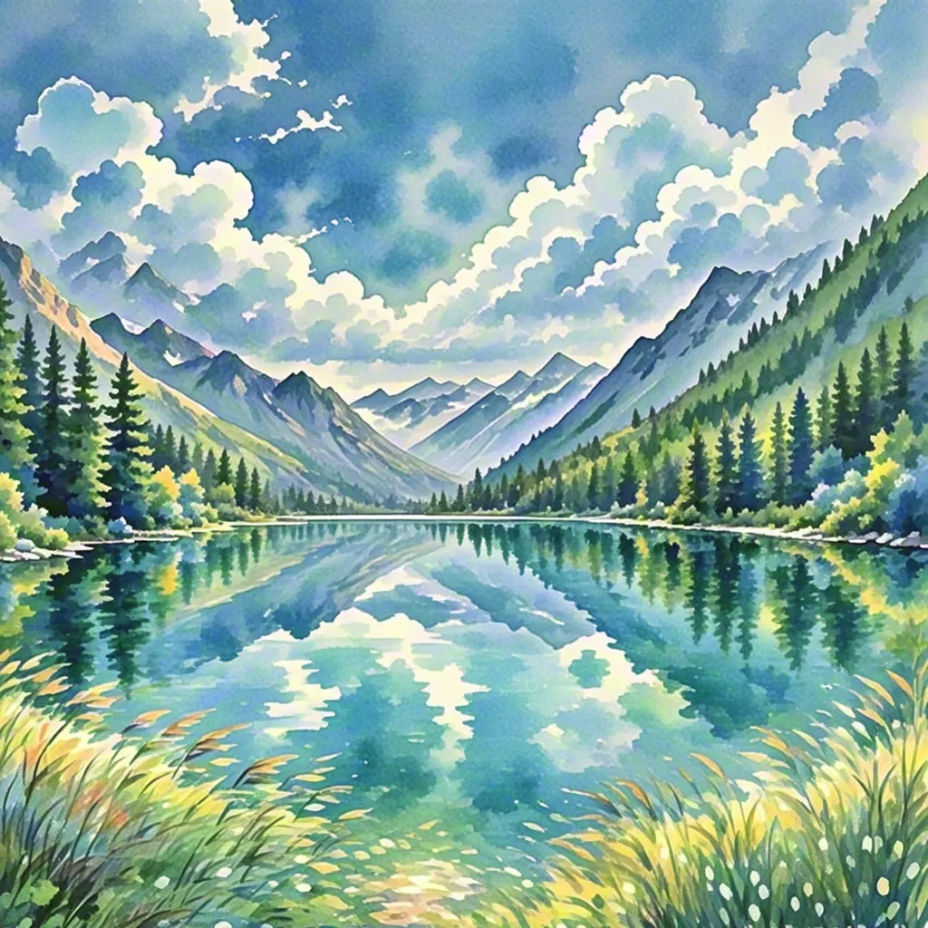 Watercolor mountain lake illustration