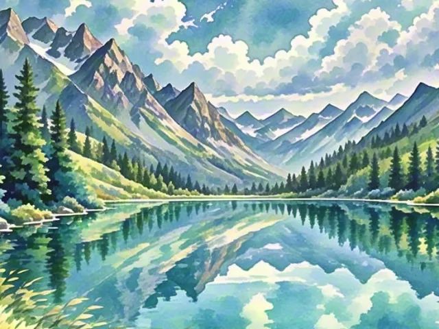 Bright watercolor scenery of mountains, lake and blue sky reflections