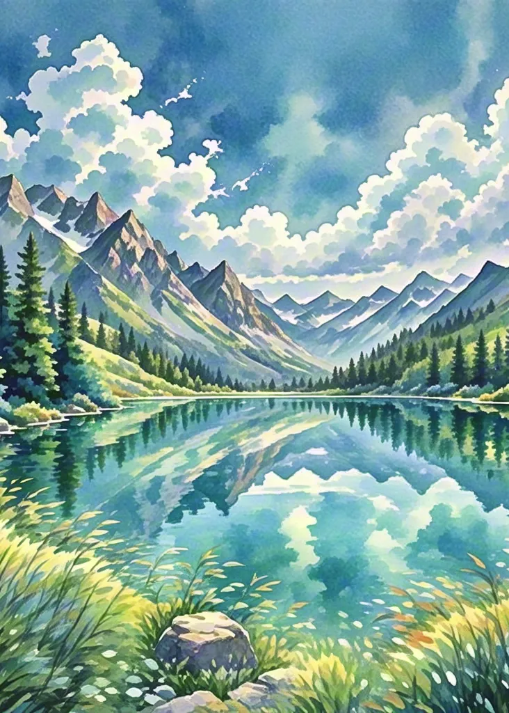 Watercolor mountain lake landscape