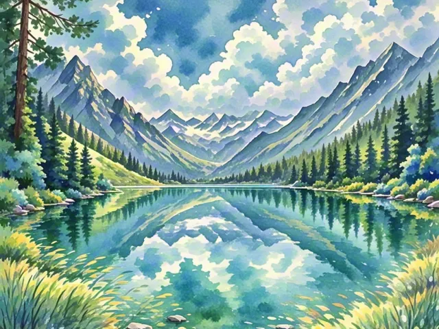 Scenic watercolor landscape with mountains, lake, and bright blue sky reflections