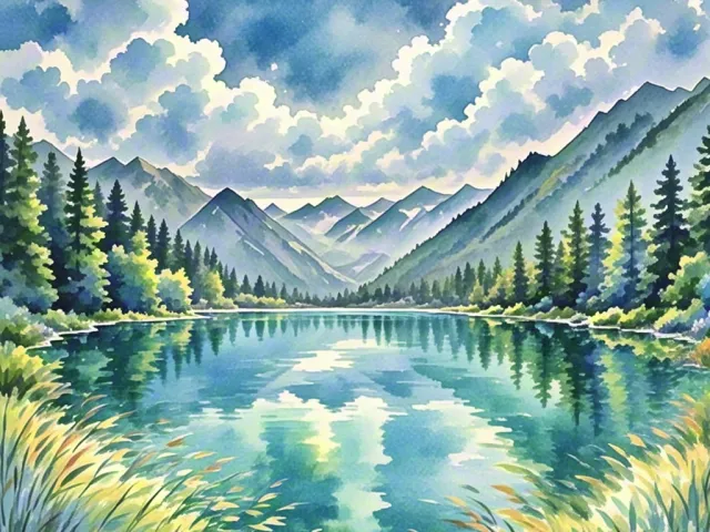 Bright green mountain landscape with lake and pine trees in watercolor style
