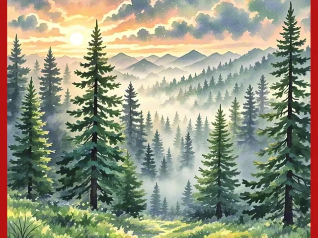 Bright green mountain landscape with pine trees in watercolor style